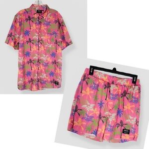 WeSC Pink Miami Tropical Palm Tree Shirt & Short Set Size Small Casual Vacation